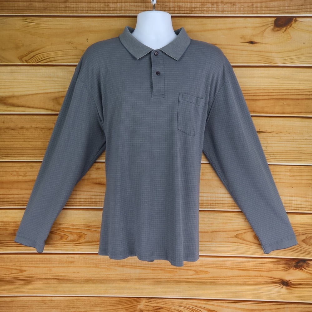 Croft & Barrow Long Sleeve Polo Shirt Mens XXL Gray Checks Cotton Blend‎ Pocket